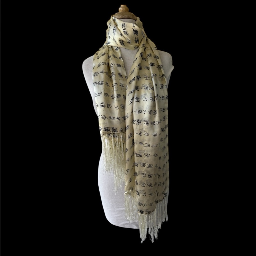 Vtg 100% Silk Fringed Asian Inspired Scarf Wrap Chinese Characters Boho